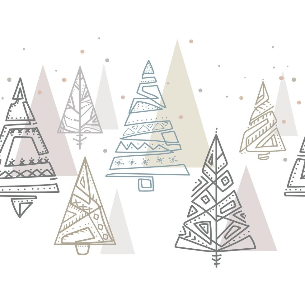 Seamless Christmas winter pattern in scandinavian style.Stylized Christmas trees,Abstract shape Line drawing pastel ornanic colors vector illustration.festive border for web and print.Xmas concept