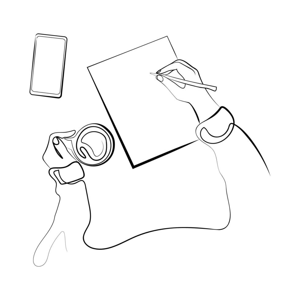 un dibujo de línea continua del gesto de escritura a mano en un trozo de papel al lado del teléfono inteligente y una taza de ilustración vectorial de café.boceto simple de la mano con bolígrafo o lápiz y hoja en blanco.vista superior vector