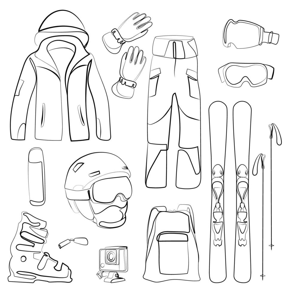 conjunto de deporte de invierno. colección de equipos de esquí ilustración vectorial. accesorios de esquí dibujo lineal. vector