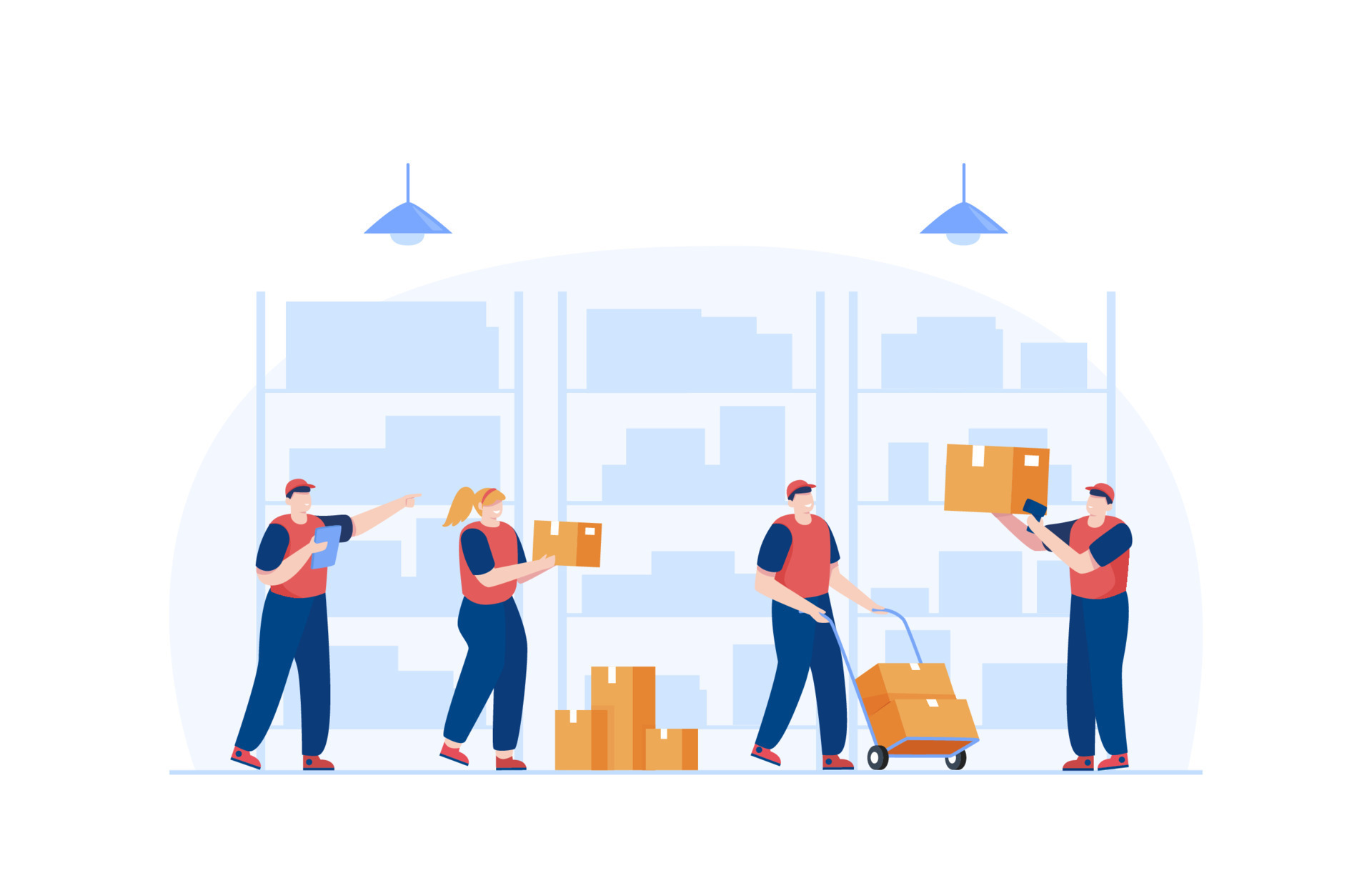 A person working in a warehouse. Employees sort boxes on carts. Vector