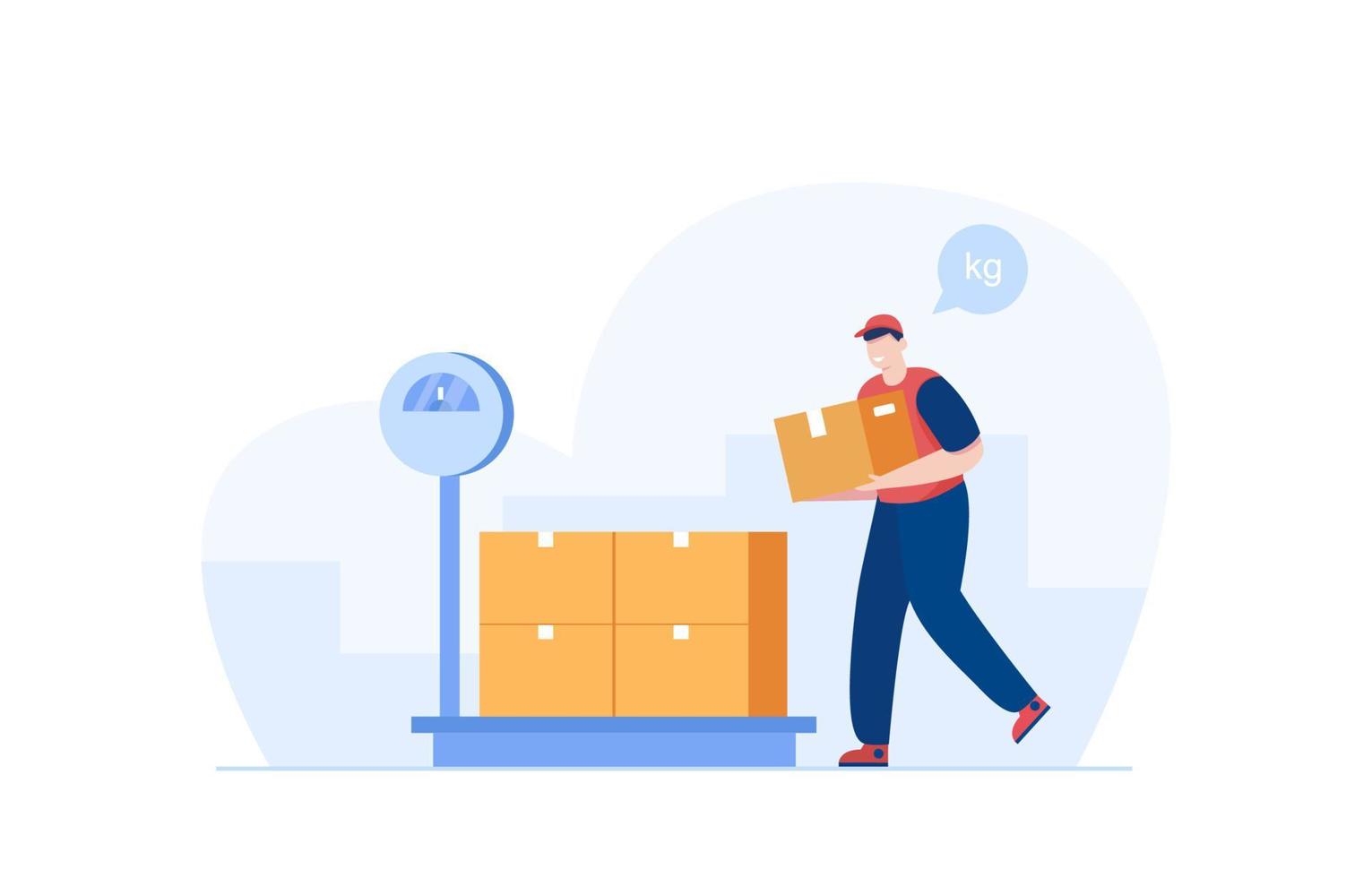 Warehouse worker checking weight of delivery. Vector illustration