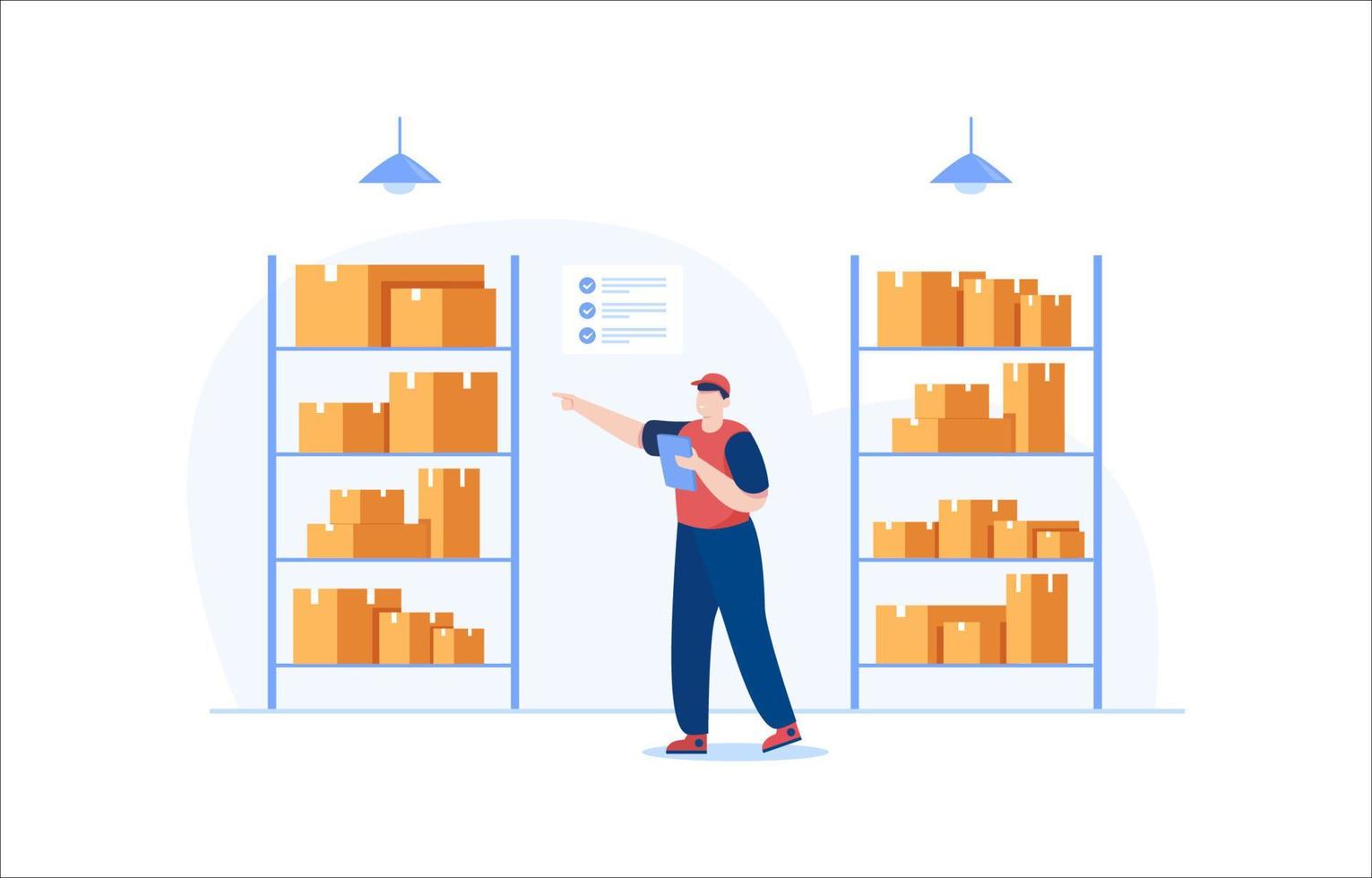 Warehouse workers check the inventory levels of items on the shelves. vector