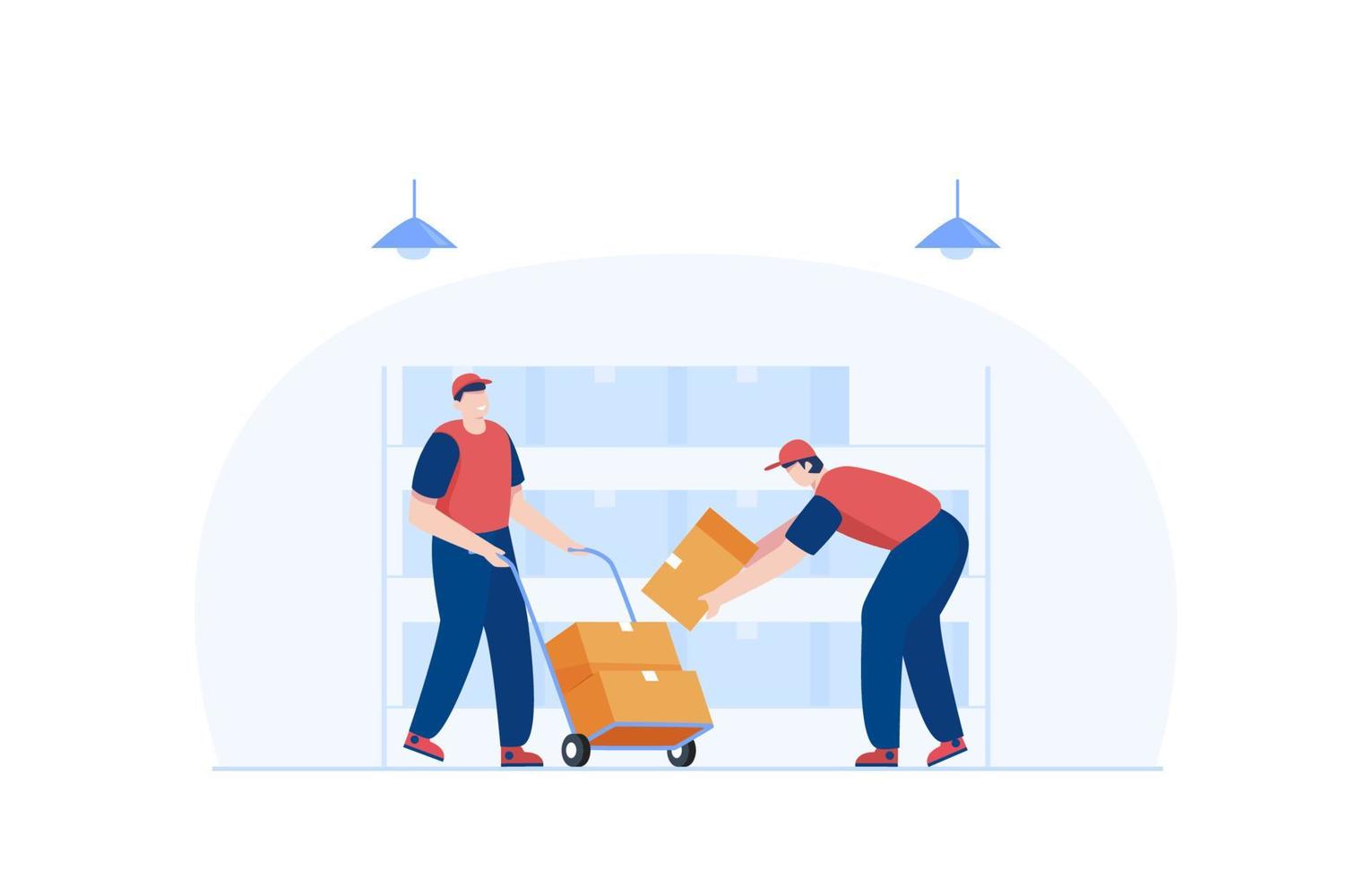 Staff working in warehouse Male worker arranging boxes on trolley. Vector illustration.