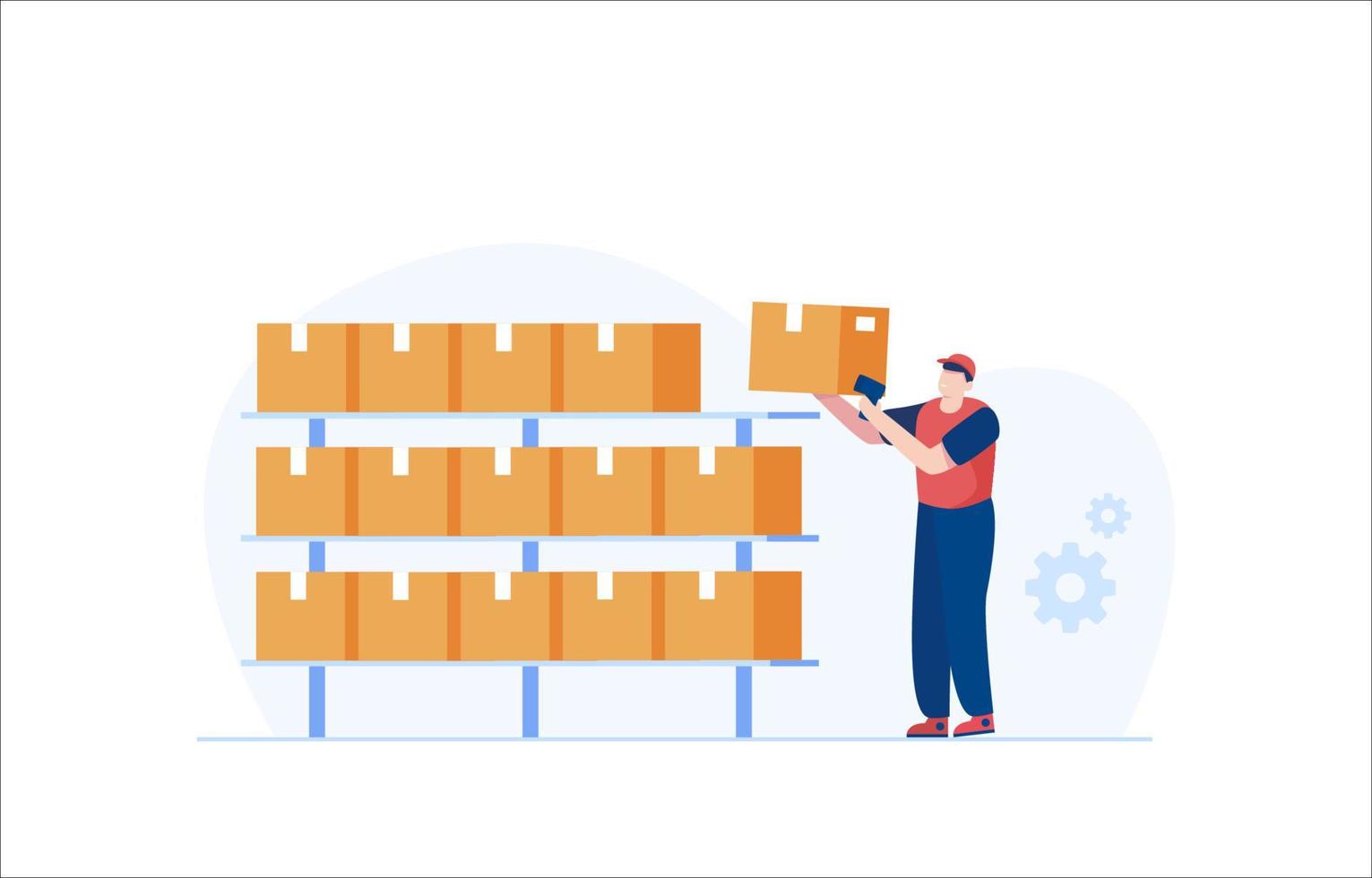 Warehouse Worker scanning parcel barcode and arranging boxes. vector