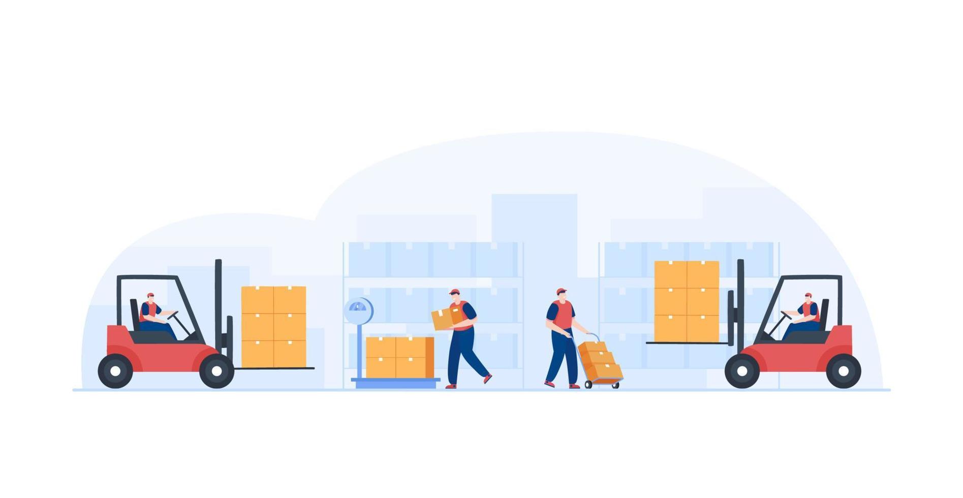 Warehouse worker working together on shipment. Forklift loading and carry parcels. Vector illustration