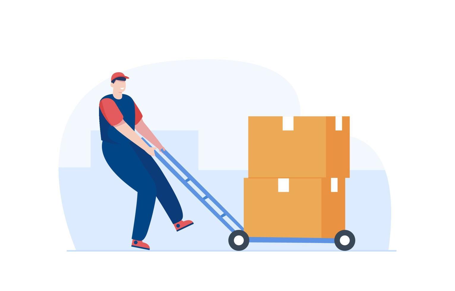 Warehouse worker. Man pushing parcel trolley. Illustration vector
