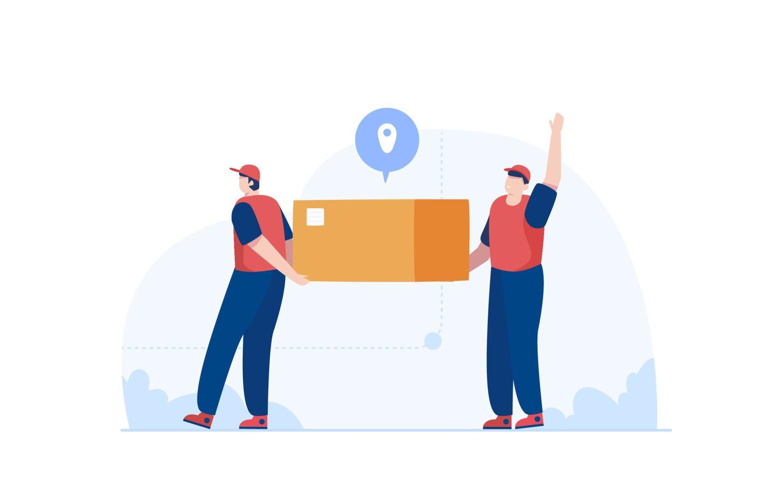 Delivery man workers carry a heavy box together. Employee arranging boxes. Vector illustration