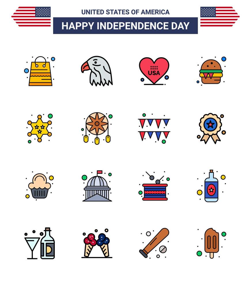 Paquete de 16 líneas llenas planas de EE. UU. De signos y símbolos del día de la independencia de comida militar Hamburguesa de comida de corazón Elementos de diseño de vector de día de EE. UU. editables