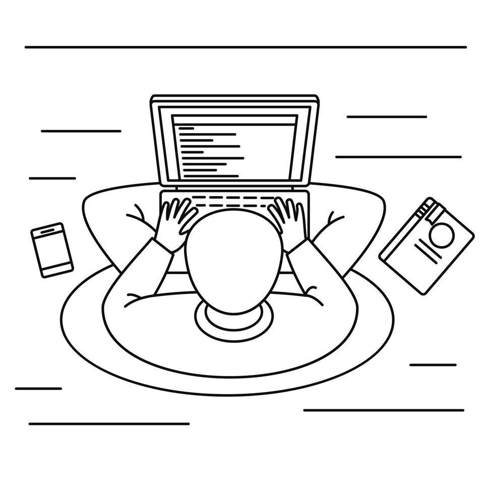 Young man distant work concept background, outline style vector