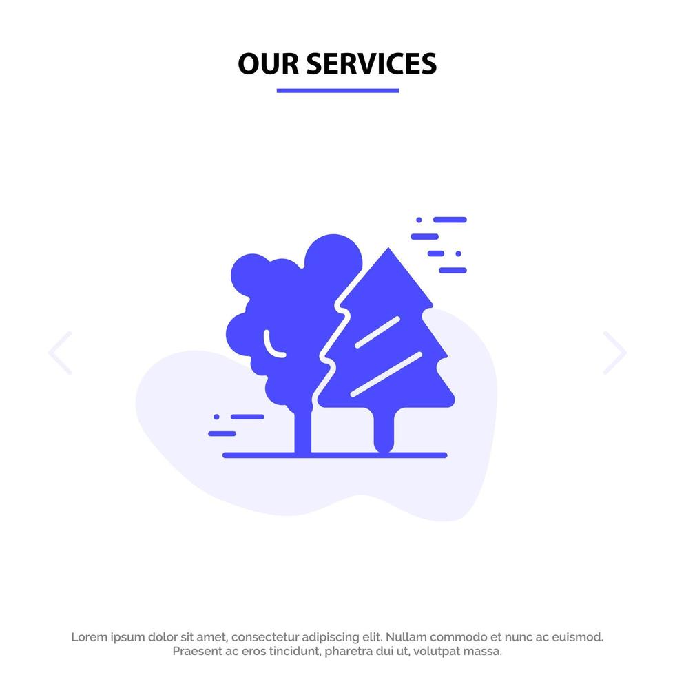 nuestros servicios ártico alpino canadá pinos escandinavia icono de glifo sólido plantilla de tarjeta web vector