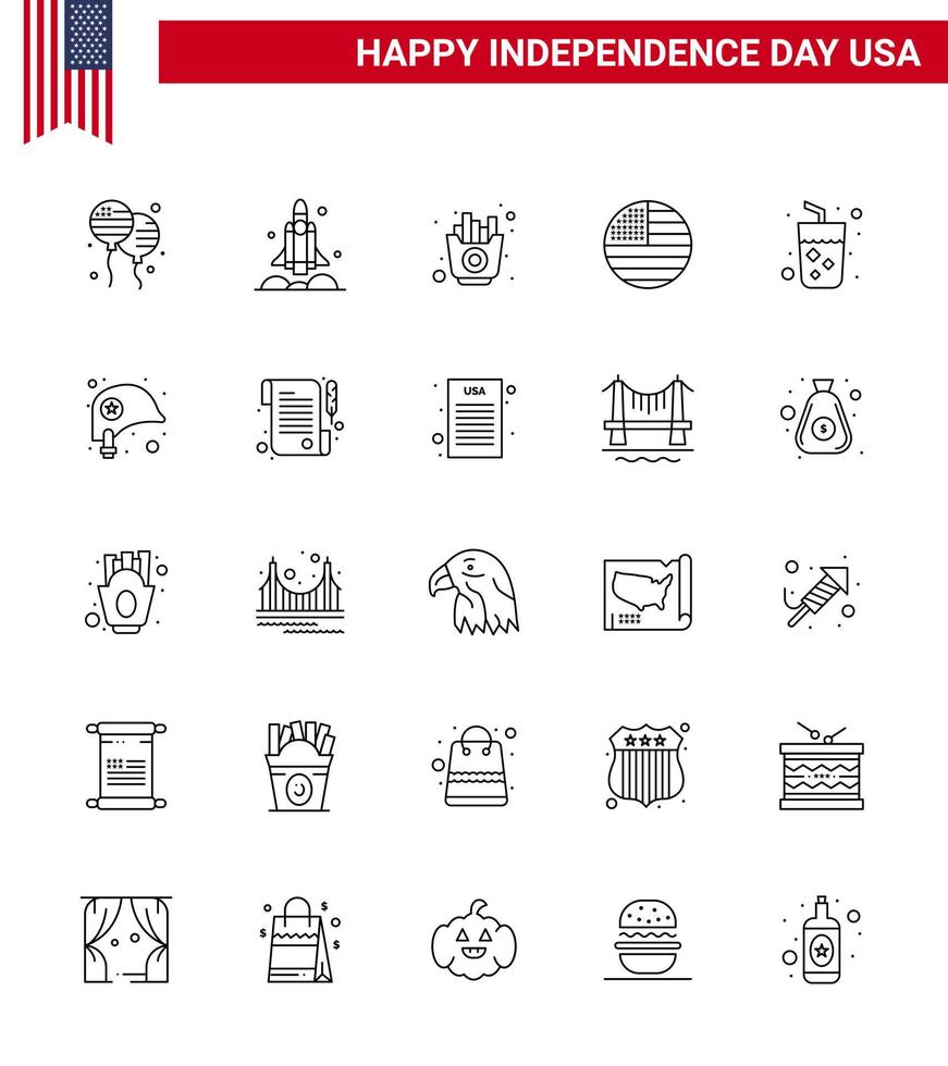 25 USA Line Signs Independence Day Celebration Symbols of alcohol thanksgiving usa flag chips Editable USA Day Vector Design Elements
