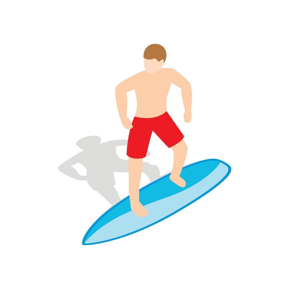 Surfer man on surfboard icon, isometric 3d style vector