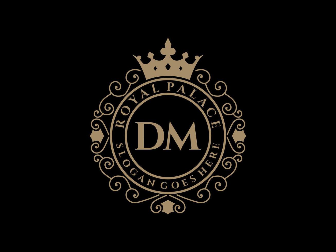 letra dm logotipo victoriano de lujo real antiguo con marco ornamental. vector