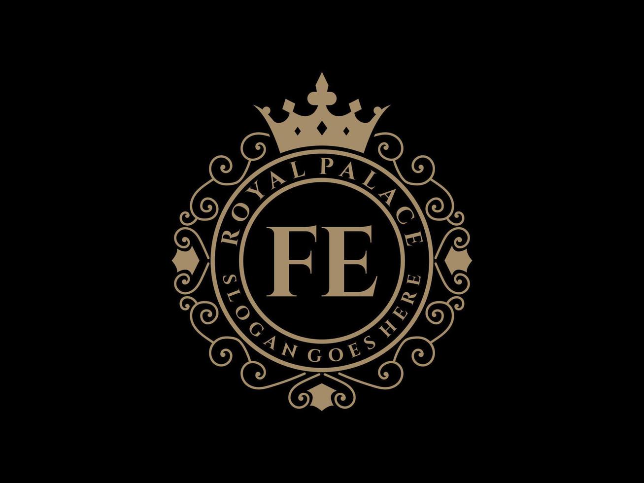 Letter FE Antique royal luxury victorian logo with ornamental frame. vector