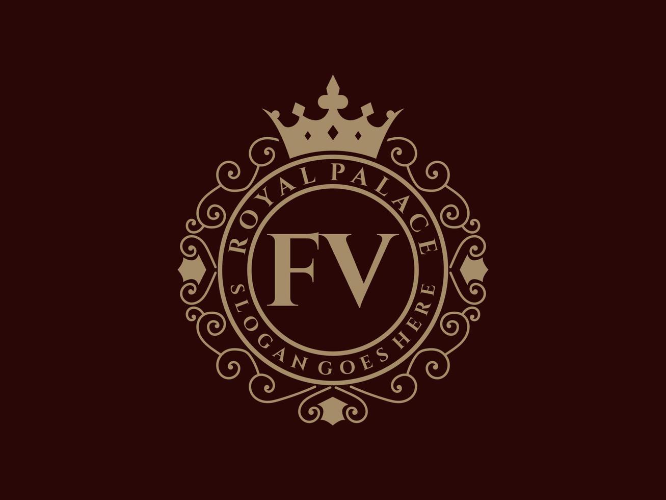 Letter FV Antique royal luxury victorian logo with ornamental frame. vector