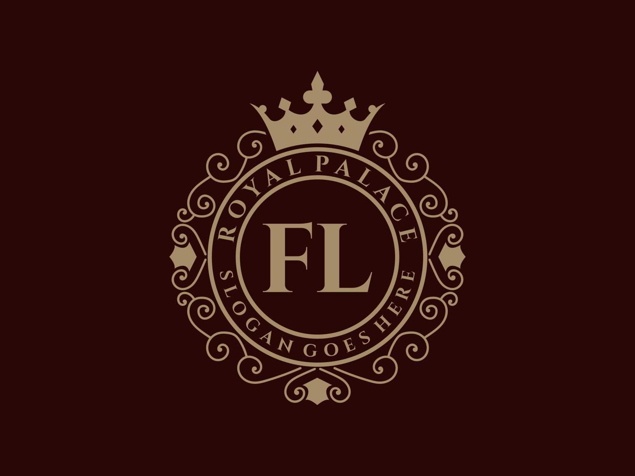 Letter FL Antique royal luxury victorian logo with ornamental frame. vector