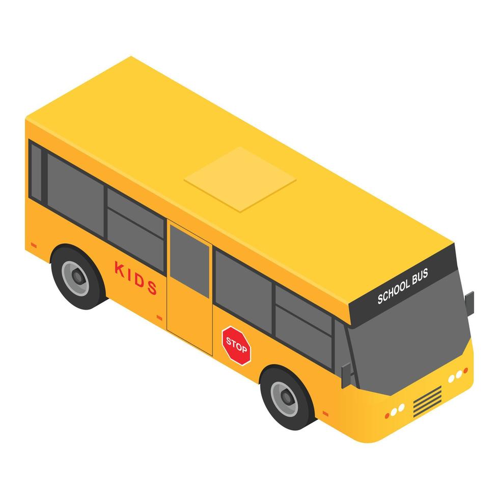 icono de autobús escolar de pueblo, estilo isométrico vector