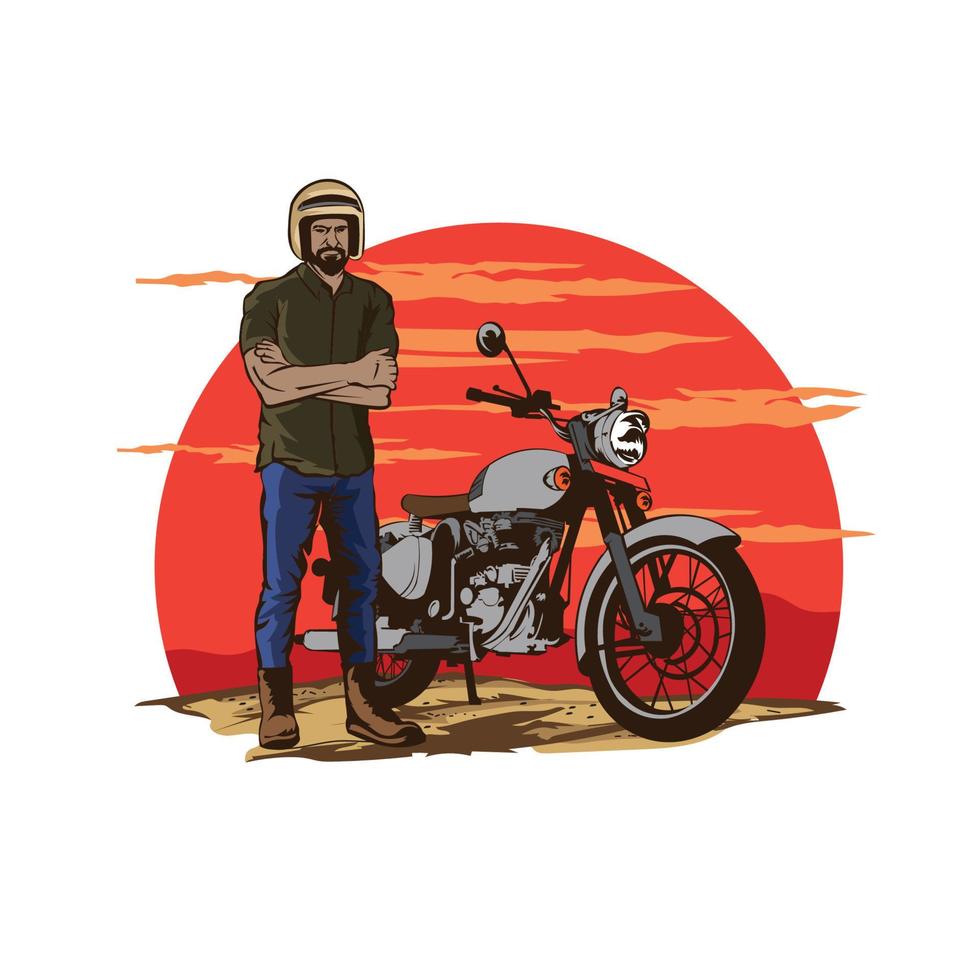 un hombre con una motocicleta clásica retro, excelente para el logotipo de la comunidad de motociclistas y el diseño de camisetas vector