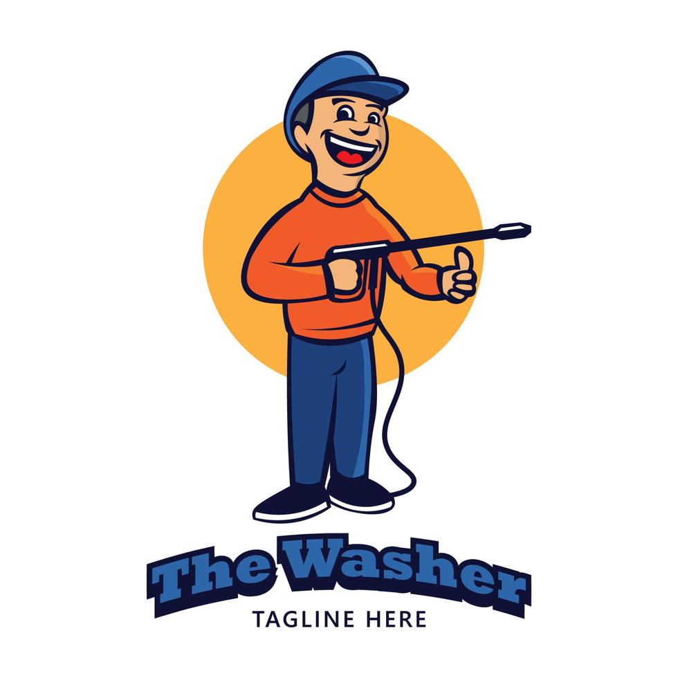 personaje de mascota hombre sonriente con presión de pistola de lavado en estilo retro, bueno para el logotipo de empresa de servicio de limpieza vector