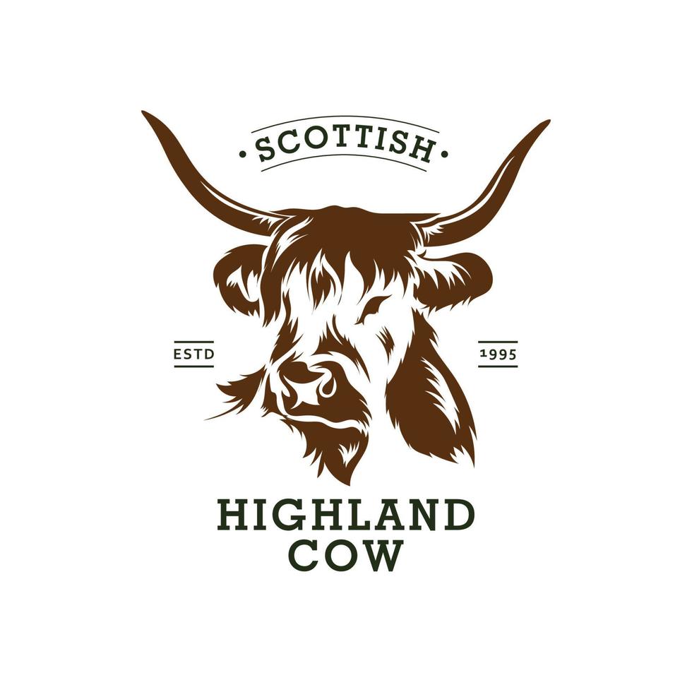 Scottish Highland cow head vector illustration, perfect for farm logo and butcher shop logo design