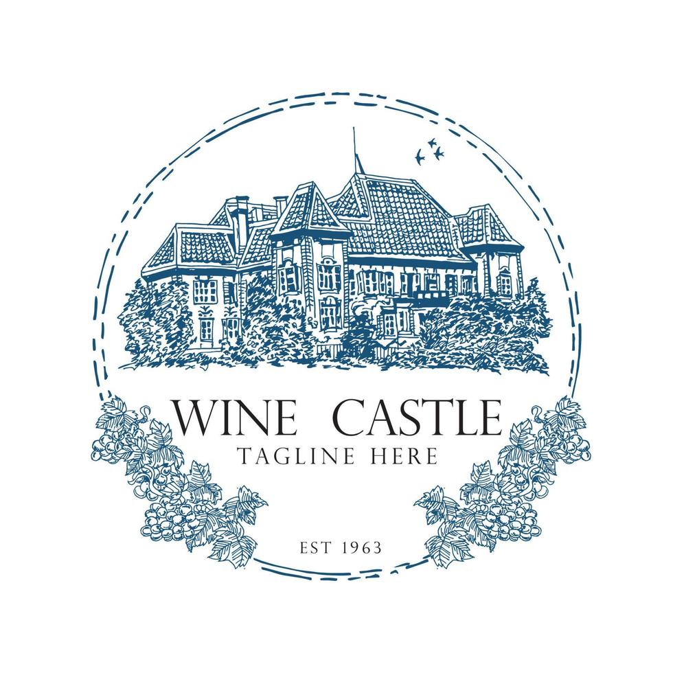 Big Castle logo vector illustration in hand drawn style, perfect for vacation villa house and brand product logo design