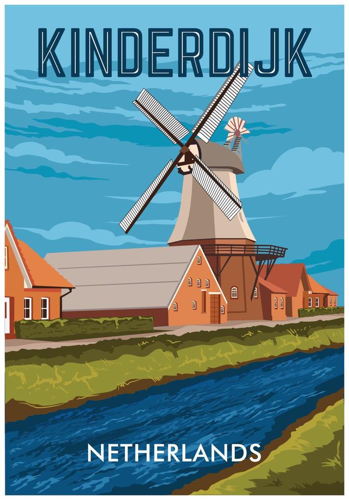 Windmills in Netherlands Vintage Vacation poster design, perfect for tshirt design and merchandise vector