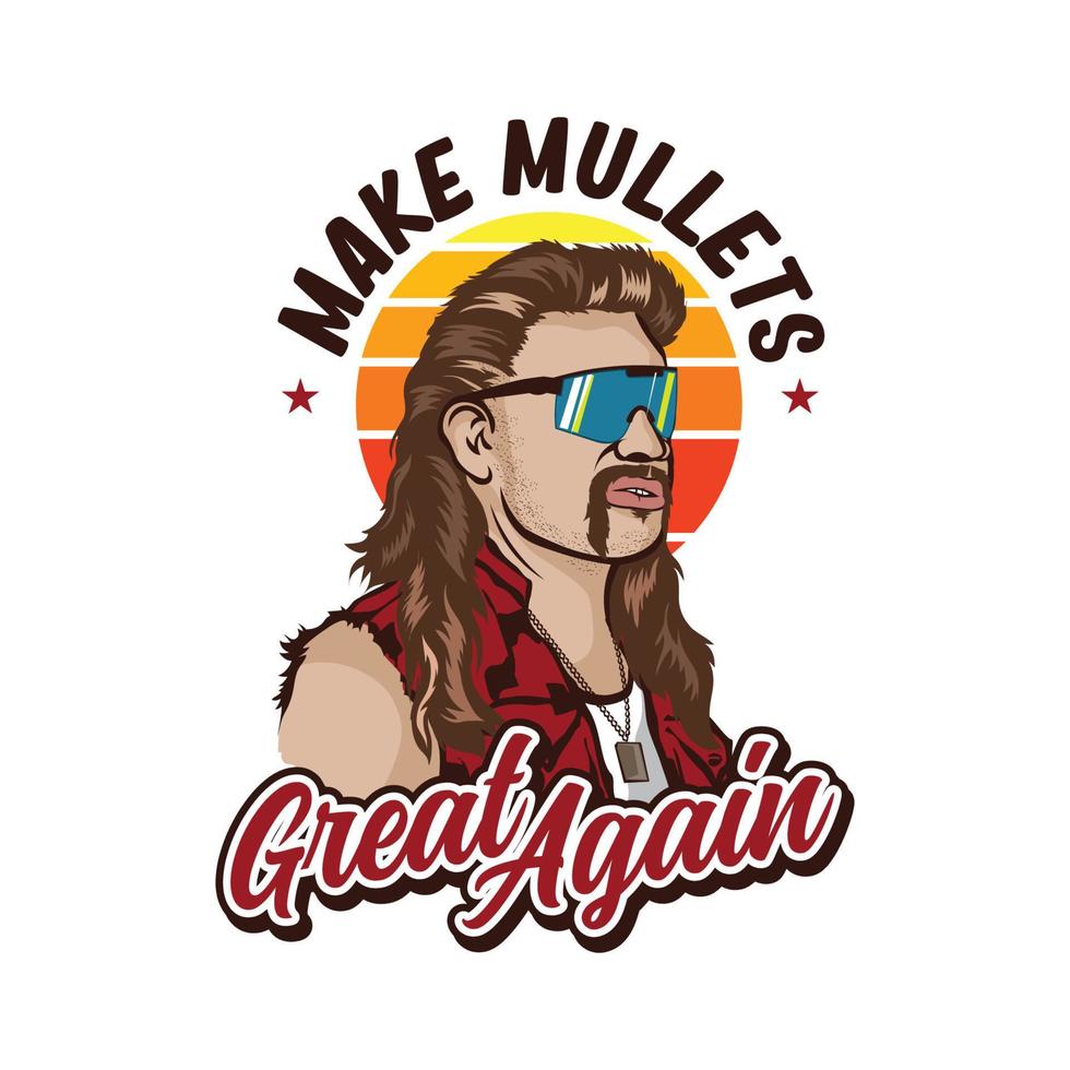 Man with mullet hair style and red neck shirt in retro style, good for club logo and t shirt design vector