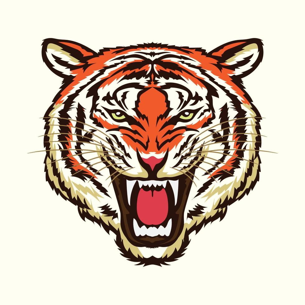 ilustración de vector de cara de tigre enojado estilo de color retro, perfecto para diseño de camiseta y diseño de logotipo de mascota