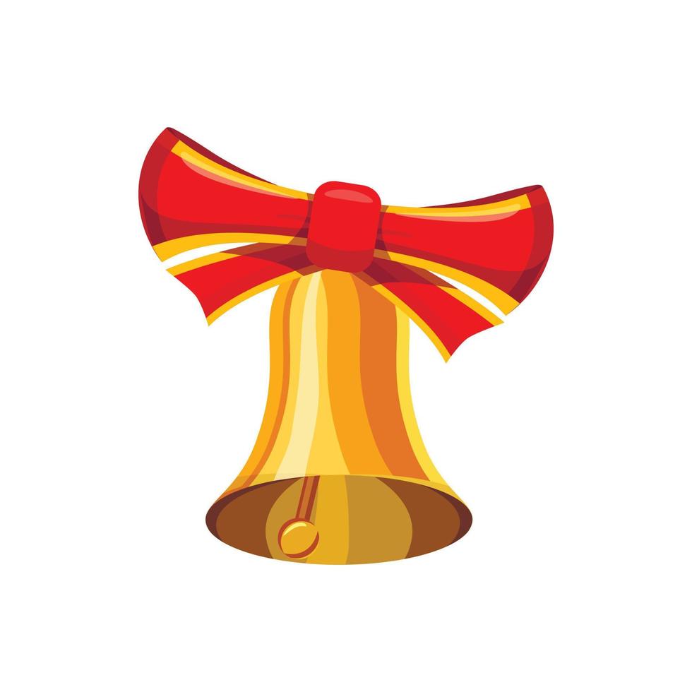 Gold bell with red bow icon, cartoon style vector