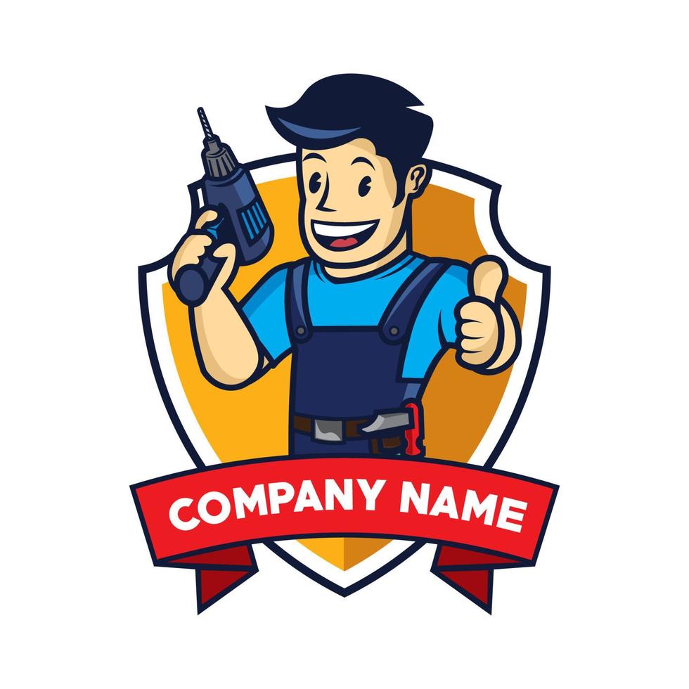 Handyman mascot character vector logo in retro style with badge design, perfect for home repair services company logo design