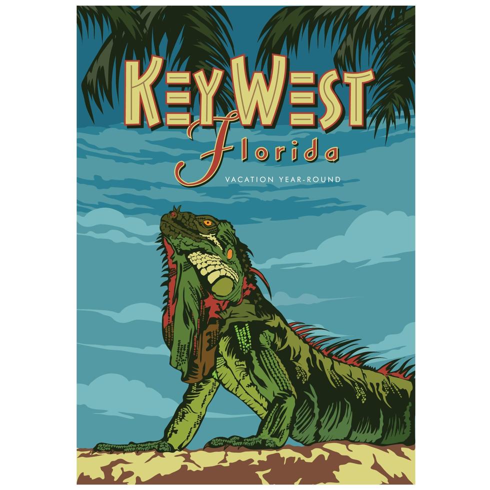 Key West Florida with iguana vector illustration in 60s Vintage Travel Poster design, perfect for t shirt design