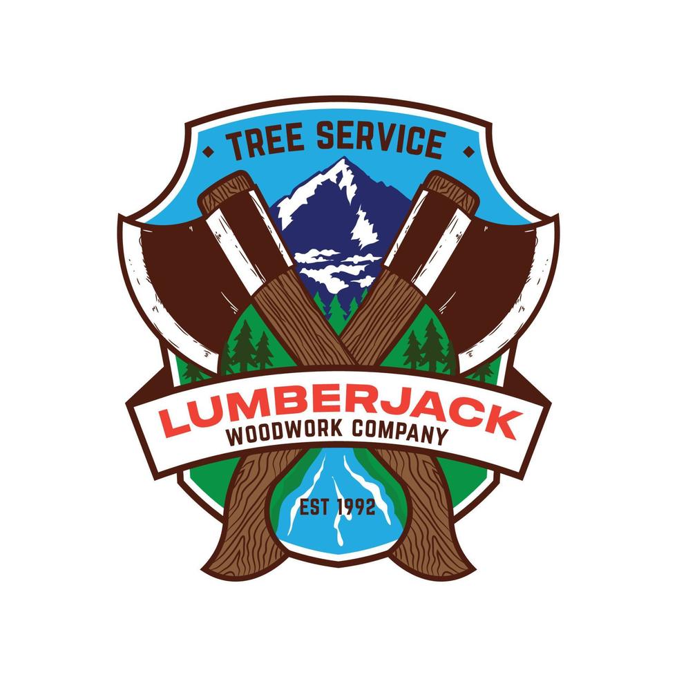 Axe and mountain vector illustration in logo design, perfect for lumberjack tree service business company