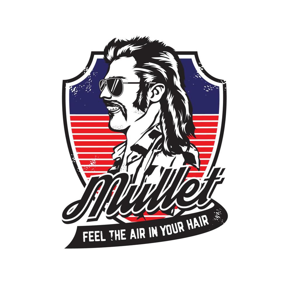 Man with mullet hair style and red neck shirt in retro style, good for club logo and t shirt design vector