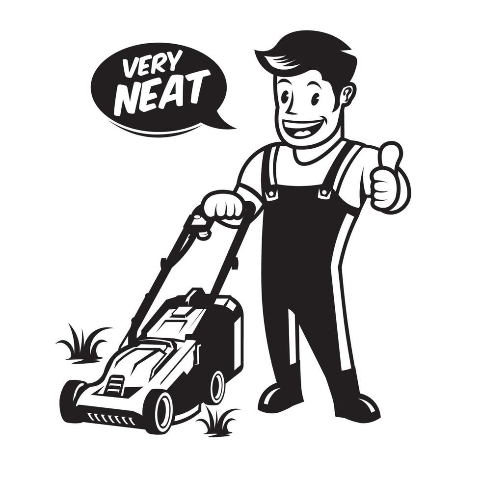 Lawn Mover worker vector illustration in retro style logo, perfect for Lawn Care company logo design and mascot