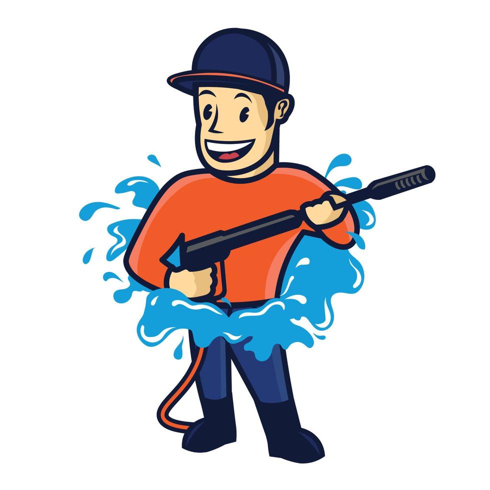 personaje de mascota hombre sonriente con pistola lavadora en estilo retro, bueno para el logotipo de empresa de servicio de limpieza vector