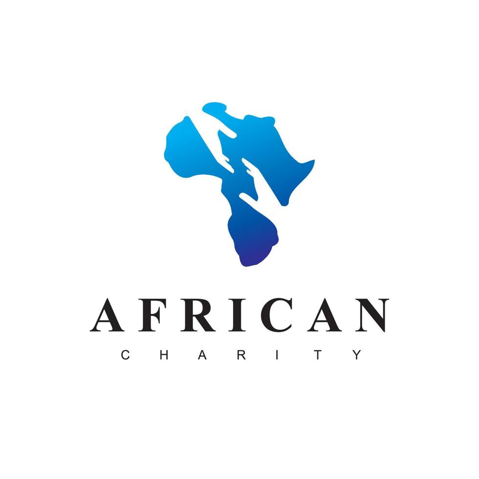 logotipo de caridad africana con silueta de símbolo de mano amiga en fondo de mapa de África vector