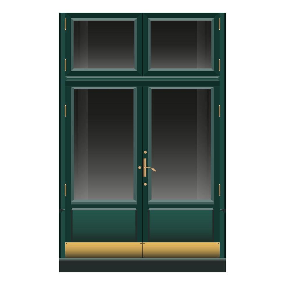 Front double door in realistic style. Facade with wooden classic door. Golden elements. Colorful vector illustration isolated on white background.