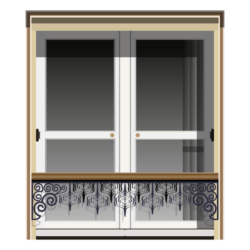 ventana con rejas forjadas. puerta de madera con pequeñas ventanas. fachada de edificio de mármol. Ilustración de vector colorido aislado sobre fondo blanco.