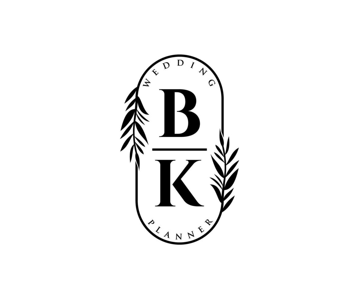colección de logotipos de monograma de boda con letras iniciales bk, plantillas florales y minimalistas modernas dibujadas a mano para tarjetas de invitación, guardar la fecha, identidad elegante para restaurante, boutique, café en vector