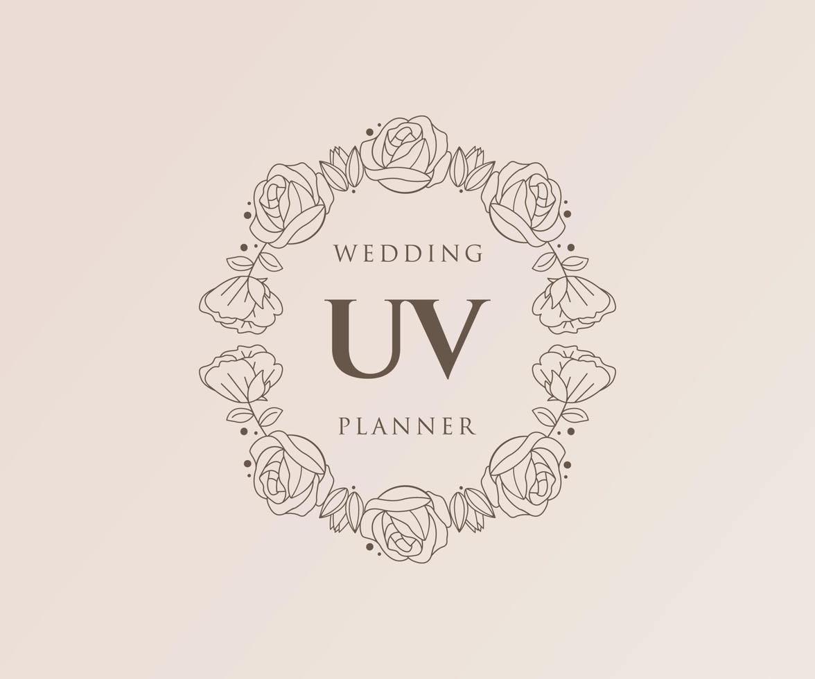 UV Initials letter Wedding monogram logos collection, hand drawn modern minimalistic and floral templates for Invitation cards, Save the Date, elegant identity for restaurant, boutique, cafe in vector