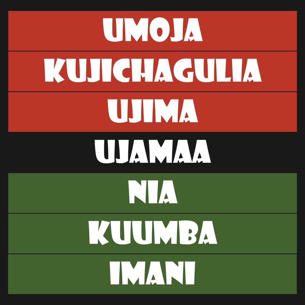 siete principios del texto de letras vectoriales kwanzaa. camiseta, impresión de póster. traducción al swahili - unidad, autodeterminación, responsabilidad colectiva, economía cooperativa, propósito, creatividad vector