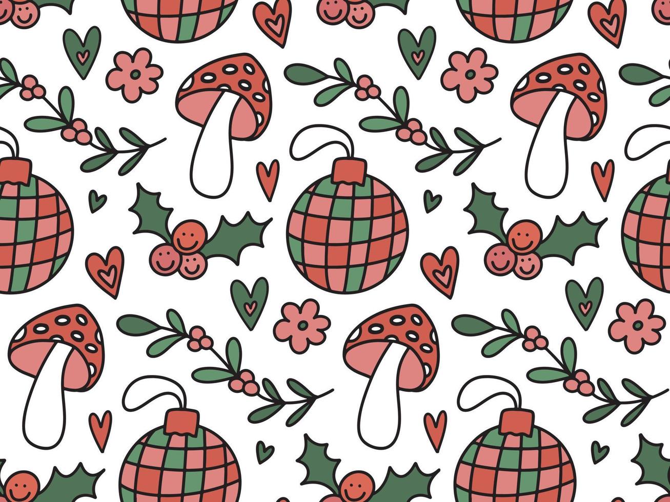 Groovy Christmas seamless pattern background con garabatos dibujados a mano de invierno festivo lindo hippie retro de los años 70: bola de discoteca, bayas de acebo, muérdago, hongo amanita, corazones vector