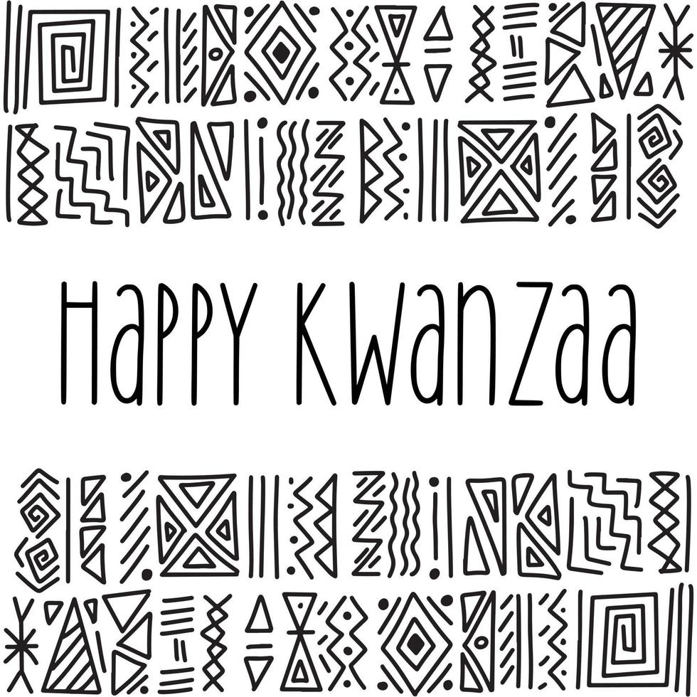 tarjeta de felicitación feliz kwanzaa con fondo de patrón de adorno de choque tribal étnico africano. plantilla de motivo de símbolos dibujados a mano en blanco y negro. diseño vectorial vector