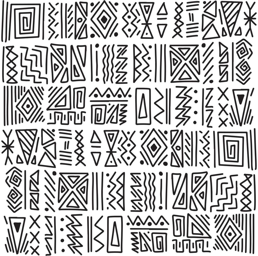 African ethnic tribal clash ornament seamless pattern background. Black and white hand drawn symbols motif. Vector wallpaper, texture, print design