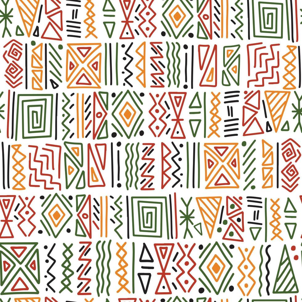 Choque tribal étnico africano adorno sin fisuras de fondo. líneas simples, triángulos motivos de símbolos dibujados a mano. papel tapiz vectorial, textura, diseño de impresión vector