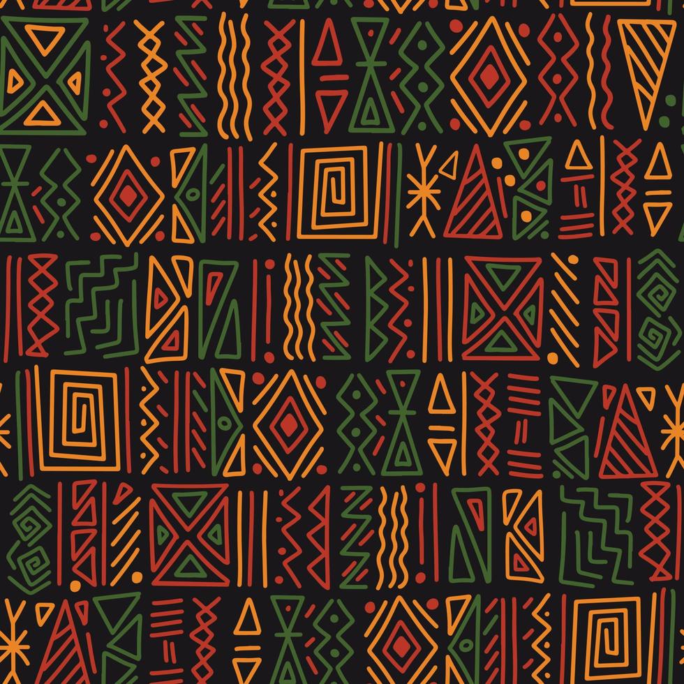 Choque tribal étnico africano adorno sin fisuras de fondo. Fondo de símbolos simples dibujados a mano en colores africanos tradicionales: negro, rojo, amarillo, verde. impresión decorativa kwanzaa vector