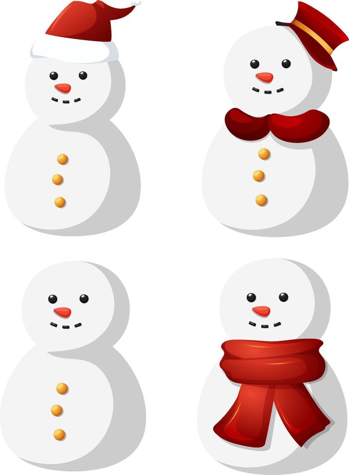 Set of cartoon style snowmen in hat and scarf vector