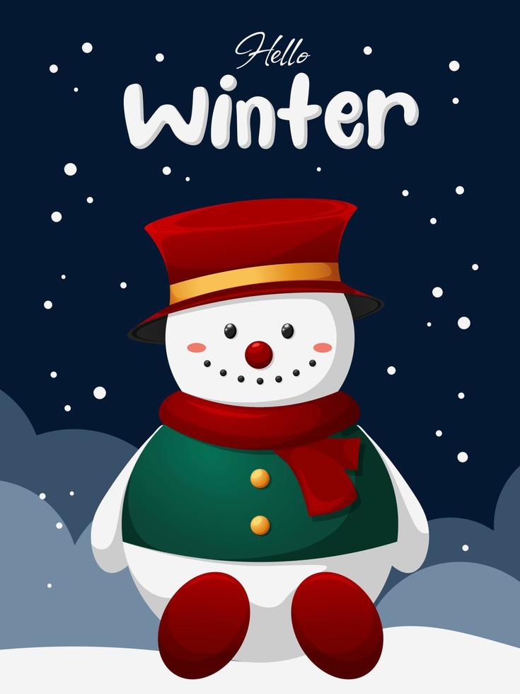 Holiday greeting card hello winter with snowman and snow vector