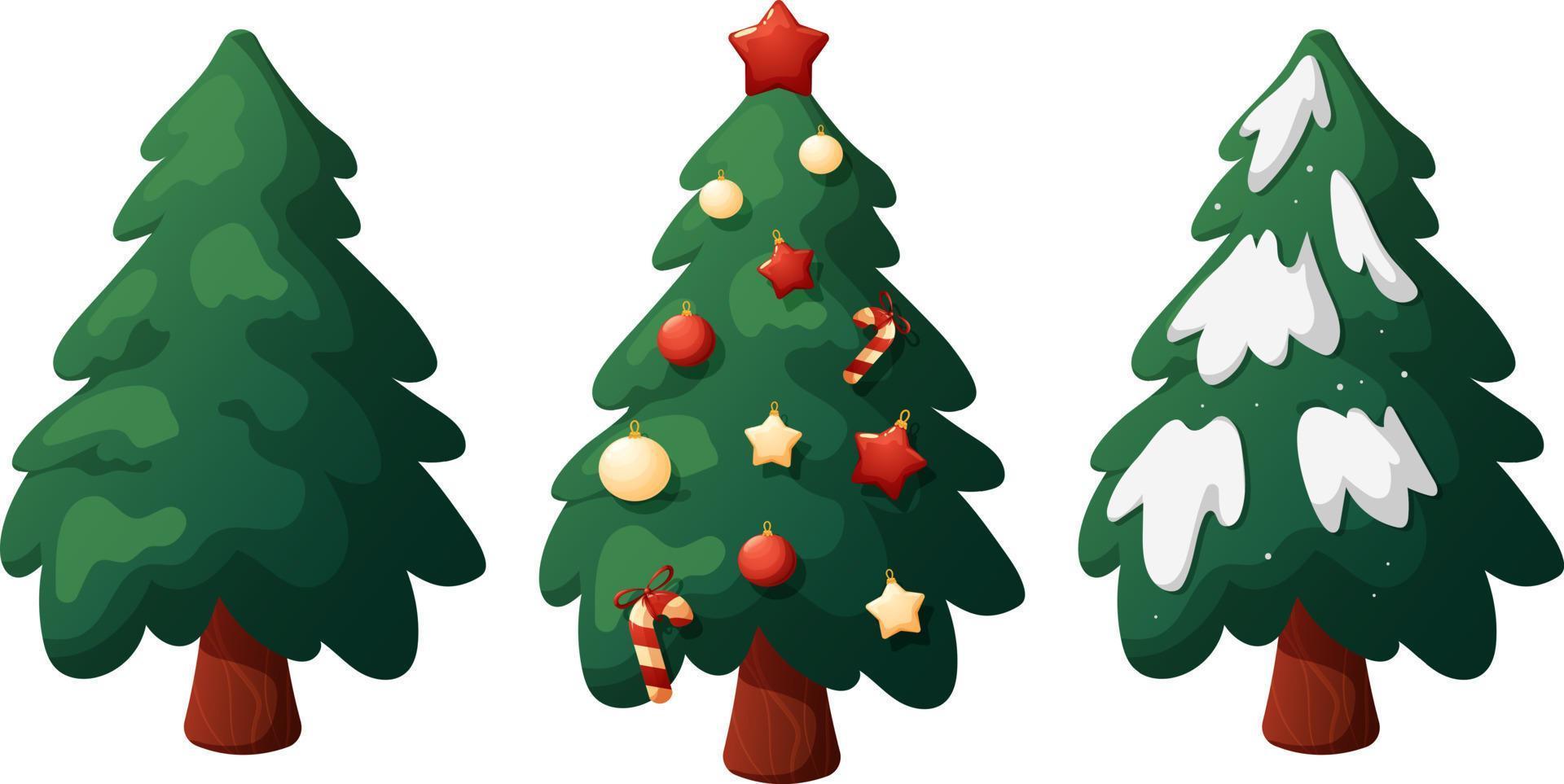 Set of Christmas trees, clean, with snow and with Christmas toys in cartoon style vector