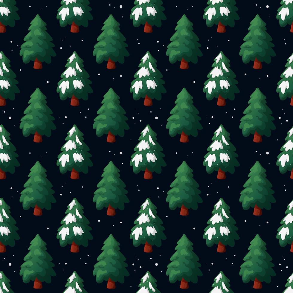 Pattern with Christmas tree with snow on dark blue background vector